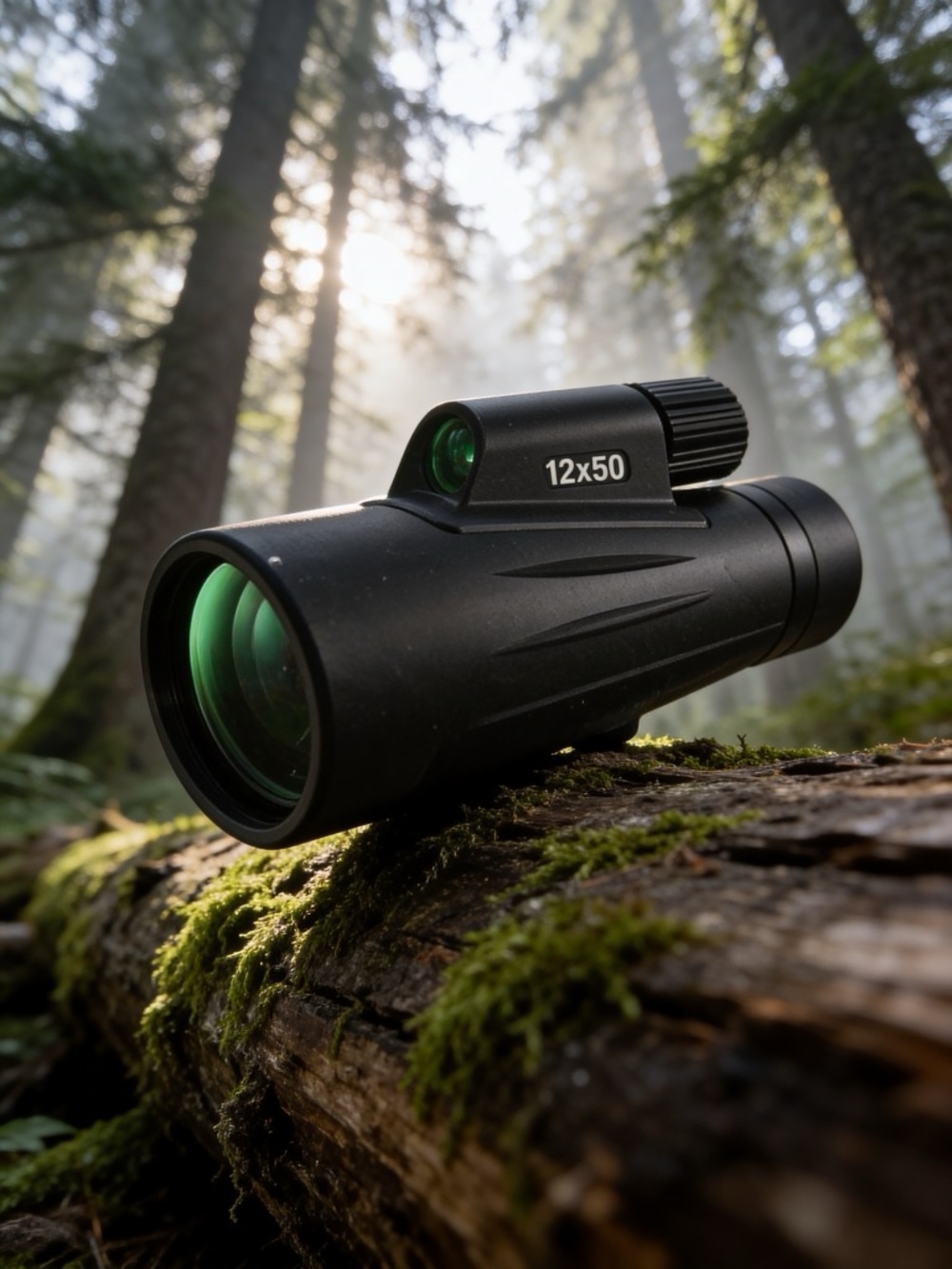 12x50 Black Monocular with Green-Coated Lenses - Compact Outdoor Optic